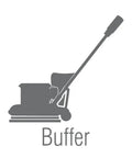 Illustration of a floor buffer machine with text 'Buffer' underneath, related to Green 17 Inch Floor Maintenance Pads For Wet Scrub On Buffers, 5 Pack, Washable And Reusable