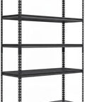Legit Tough Steel Shelving Rack Five Tier Industrial Garage Storage Unit For Tools And Seasonal Gear 48 By 24 By 72 Inches with black steel shelves.