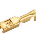 Gold Tone 2.8mm Spade Terminal Connectors, Female And Male Quick Splice Crimp, Non Insulated, 20-18 AWG, close-up view.
