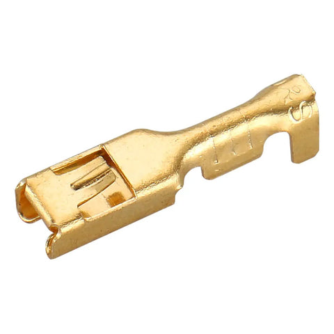 Gold Tone 2.8mm Spade Terminal Connectors, Female And Male Quick Splice Crimp, Non Insulated, 20-18 AWG, close-up view.
