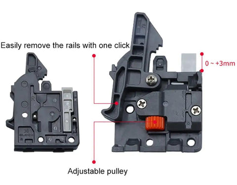 Adjustable pulley mechanism for Tough As Nails Full Extension Soft Close Drawer Slides, showcasing ease of rail removal.