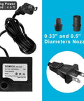 Ultra Quiet 90 GPH Submersible Pump For Small Fountains And Aquariums, showing power cord, nozzles, and pump components