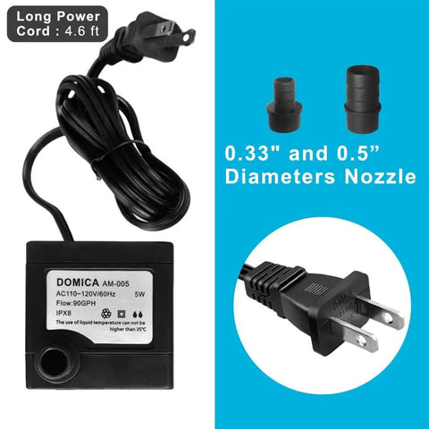 Ultra Quiet 90 GPH Submersible Pump For Small Fountains And Aquariums, showing power cord, nozzles, and pump components