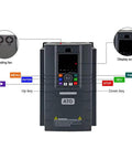 Front view of 10 HP VFD Drive For Single Phase Motors, 220V In 230V Out, 7.5kW 49A Inverter with controls and display screen.