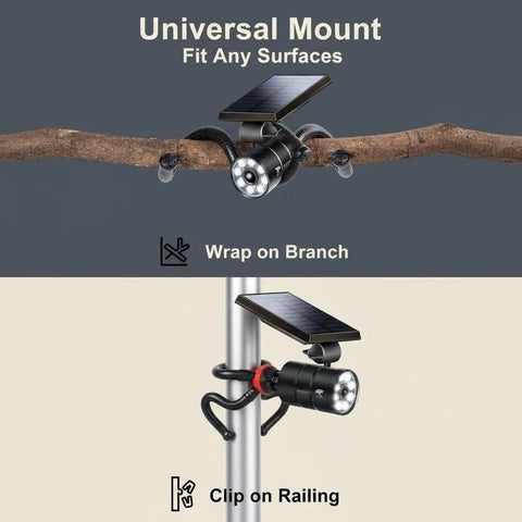Outdoor Solar Motion Lights Waterproof Security Spot Lights 2 Pack for Patio Fence Deck mounted on branch and railing