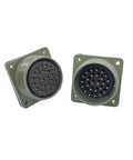 Pair of olive-drab MIL-C-5015 circular connectors, 28-pin with square flanges; female socket side, and male pin side.