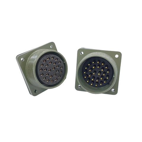 Pair of olive-drab MIL-C-5015 circular connectors, 28-pin with square flanges; female socket side, and male pin side.