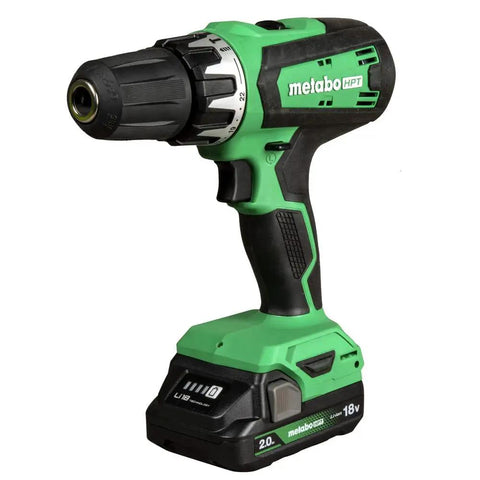 Go-To 18V Cordless Drill Driver Kit With 1/2-Inch Keyless Chuck, compact green power drill, side view with battery
