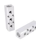 Beefy Aluminum Pneumatic Air Manifold Block, 3 Way 5 Port With 1/2 NPT Inlet And 1/4 NPT Outlets shown from two angles