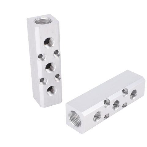Beefy Aluminum Pneumatic Air Manifold Block, 3 Way 5 Port With 1/2 NPT Inlet And 1/4 NPT Outlets shown from two angles