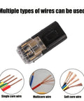 Electrical connector with plastic housing, compatible with single core, multicore, and soft core wires, ideal for DIY projects.