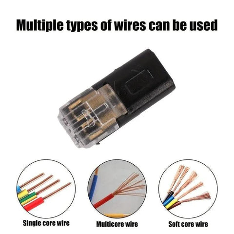 Electrical connector with plastic housing, compatible with single core, multicore, and soft core wires, ideal for DIY projects.
