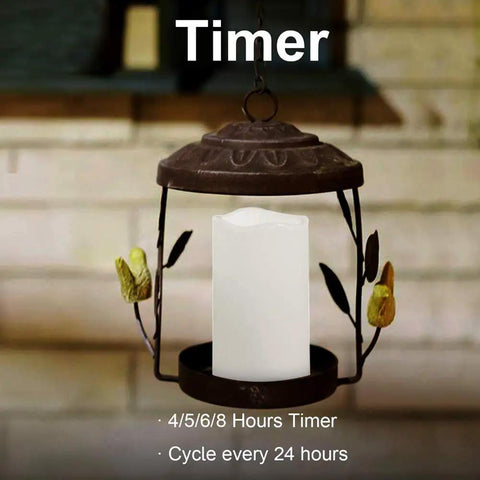 Set Of 6 Flameless LED Candles With Realistic Flicker, Battery Powered 6 Inch Tall, waterproof, in decorative lantern with timer text.
