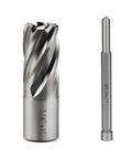 No Nonsense HSS Annular Cutter 3/4 Inch Cut Dia With 3/4 Weldon Shank 1 Inch Depth alongside pilot pin for metal work.