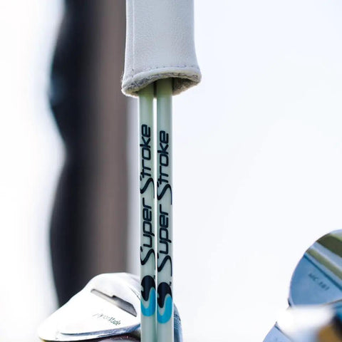 Close-up of Super Stroke branding on golf alignment stick, not Golf Alignment Sticks 45 Inch Fiberglass Rods Training Aid Set of 2 White