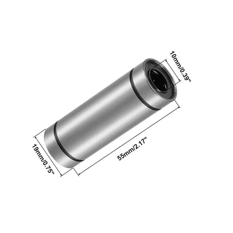 Side view of LM10LUU linear bearing; 10 mm bore, double rubber seals, 55 mm long, metal cylinder.