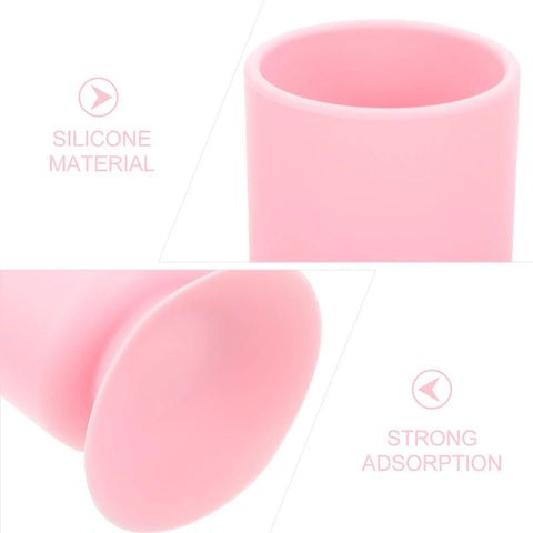 Silicone Pen Holder With Suction Cup Pink Desk Organizer for pens and makeup brushes, highlighting silicone material and suction cup.