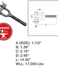 Tough As Nails 1 1/2 Inch T316 Stainless Steel Jaw Turnbuckle with Right Hand Thread, 17000 Lb Wll and dimensions shown.