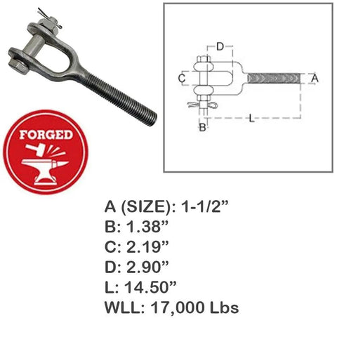 Tough As Nails 1 1/2 Inch T316 Stainless Steel Jaw Turnbuckle with Right Hand Thread, 17000 Lb Wll and dimensions shown.