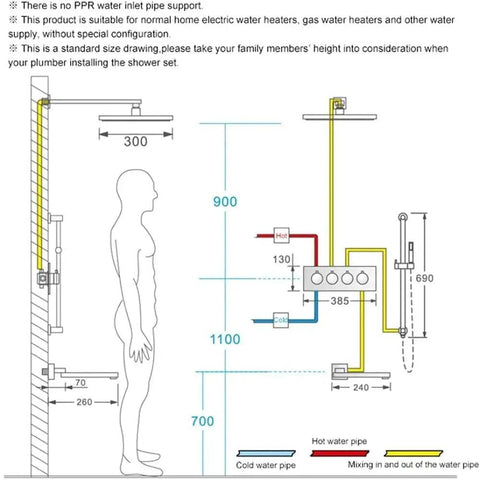 Diagram showing installation dimensions for Top Shelf Wall Mounted Square Shower Head Pumping Out Serious High Pressure Power With Three Killer Spray Settings Crafted From Pure Lead Free Brass And Coated In A Scratch Resistant Silver Shell For A Straight Up Great Refresh.