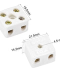 Two white uxcell 2-way porcelain ceramic terminal blocks; 21.5×19.5×14.2 mm, front and side views.