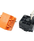 Rock Solid Heavy Duty 350 Amp Copper Connector For Lithium Battery Banks And Stationary Energy Storage Systems Featuring Tight DC Terminals visible in orange and black design.