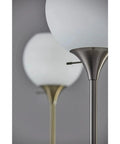 Close-up of Fiona Torchiere Floor Lamp In Brushed Steel With Marble Base And Opal Glass Shade Modern Tall Decor Lighting For Living Room