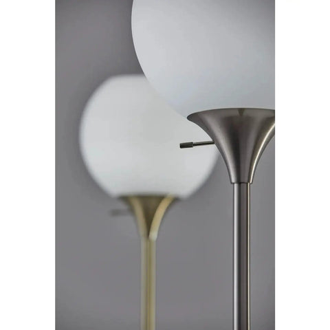 Close-up of Fiona Torchiere Floor Lamp In Brushed Steel With Marble Base And Opal Glass Shade Modern Tall Decor Lighting For Living Room