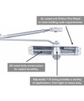 Heavy Duty Commercial Door Closer With Aluminum Finish Built For High Traffic Spaces Adjustable From Size 1 To 5 180 Degree Opening Controls Traffic Prevents Slamming Ideal For Exterior And Interior Doors diagram with labels on metal construction and adjustable sizing.