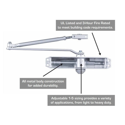 Heavy Duty Commercial Door Closer With Aluminum Finish Built For High Traffic Spaces Adjustable From Size 1 To 5 180 Degree Opening Controls Traffic Prevents Slamming Ideal For Exterior And Interior Doors diagram with labels on metal construction and adjustable sizing.