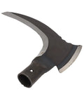 Pro Grade Heavy Duty Double Scythe Garden Tool With Hardened Blade for Fast Grass Cutting, close-up of steel blade angle