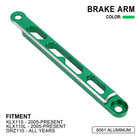 Rear Drum Brake Torque Arm With Scale CNC Aluminum 6061 T6 For KLX 110 KLX110 KLX110L 2005 2024 DRZ110 Green, angled view