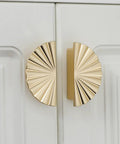 Semicircle Sunflower Cabinet Pulls In Brushed Gold Finish on white cabinets, 6 Pack Durable Zinc Alloy Drawer Handles Knobs with 2.5 Inch Hole Center