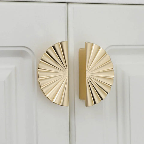Semicircle Sunflower Cabinet Pulls In Brushed Gold Finish on white cabinets, 6 Pack Durable Zinc Alloy Drawer Handles Knobs with 2.5 Inch Hole Center