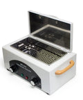 Beast Mode High Temperature Dry Heat Sterilizer Autoclave 110V 300W 1.5L Metal Tools Only Disinfection Box With Magnetic Induction Switch 50 to 220 Degree C Ideal for Small Cosmetology Tools and Dental Instruments. open white metal sterilizer with lid and control knobs