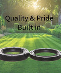 Two black rubber input and output shaft seals for rotary cutter gearboxes; lawn and garden equipment.