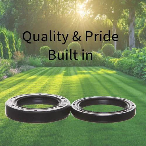 Two black rubber input and output shaft seals for rotary cutter gearboxes; lawn and garden equipment.