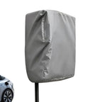 Heavy Duty EV Charger Cover With Snag Proof Drawstring Closure waterproof cover over wall-mounted plug, gray Oxford fabric.
