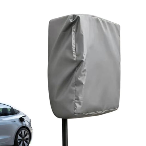 Heavy Duty EV Charger Cover With Snag Proof Drawstring Closure waterproof cover over wall-mounted plug, gray Oxford fabric.