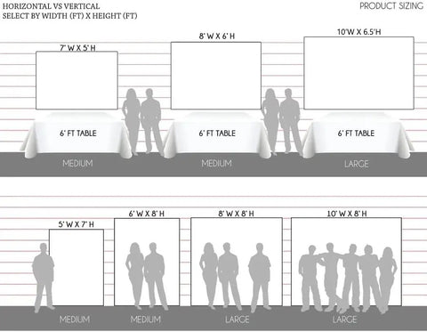Sizing chart showing blue bear hot air balloon backdrop options in 7x5ft, 8x6ft, and 10x6.5ft sizes with tables and people for scale.