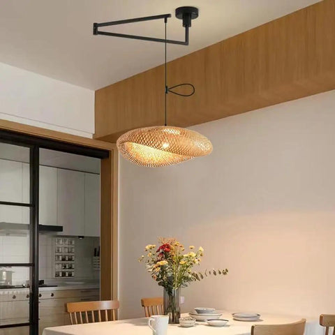 Chandelier Adjustable Hanging Light Fixtures, Modern Swing Arm Pendant,1 Long for Dining Room Kitchen Island Matte Black Finish(23.6in) with woven shade.
