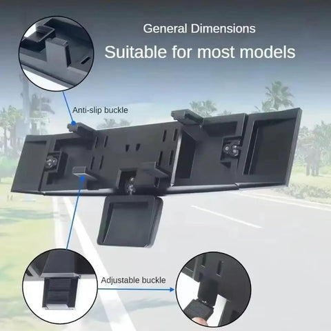 Level Up Your Daily Flow With This Hella Wide Panoramic Rearview Mirror For Tesla Cybertruck showing adjustable buckles and dimensions.