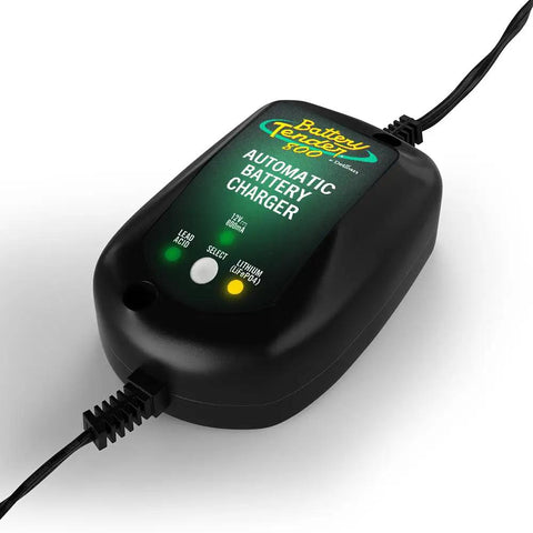 800 Milliampere SuperSmart Battery Charger And Maintainer with lights, black compact design, showing automatic charging mode