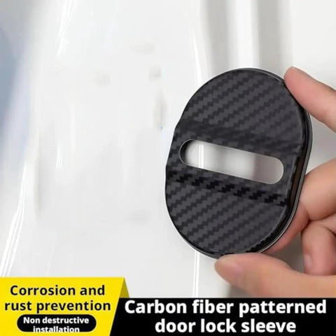 Top Shelf Carbon Fiber Door Lock Covers For Tesla Cybertruck installed on vehicle door, showcasing sleek design and durability.