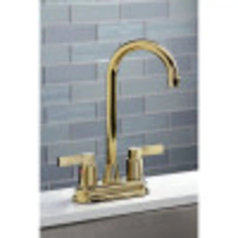 NuvoFusion 4 Inch Centerset Bar Faucet Polished Chrome With Solid Brass Construction Washerless Cartridge 2 Hole Deck Mount 1.8 GPM Flow At 60 PSI For Durable Everyday Kitchen Bar Use on countertop