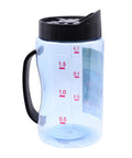 Adjustable Garden Spreader S205 showing blue transparent container with measurement markings and black lid for precise distribution.