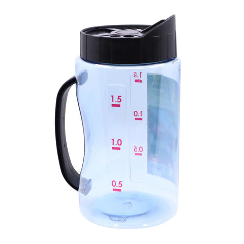 Adjustable Garden Spreader S205 showing blue transparent container with measurement markings and black lid for precise distribution.