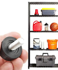 Close-up of Eight Pack Three Eighths Inch Thread Leveling Feet Bolts for furniture, next to a shelf holding various items.