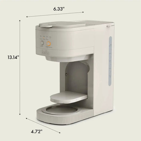 VersaBrew 2-In-1 Coffee Maker with side view showing dimensions and oat milk friendly design for K-Cup pods or grounds.