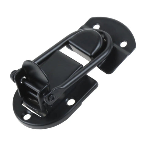 Five Piece Set Heavy Duty Black Metal Hasp Latches Built Different For Flight Cases Rock Solid Safety Buckles Corrosion Resistant Rugged Gear Secures Your Hard Shell Cases Tough As Nails, close-up view of a single latch.
